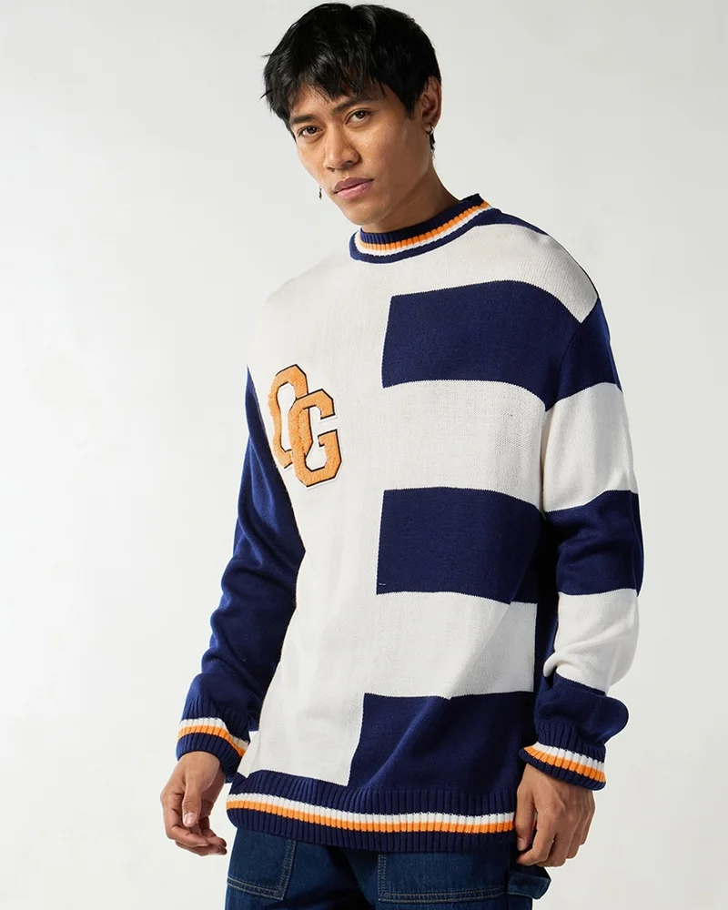 bewakoof Men's White & Blue Color Block Oversized Sweater